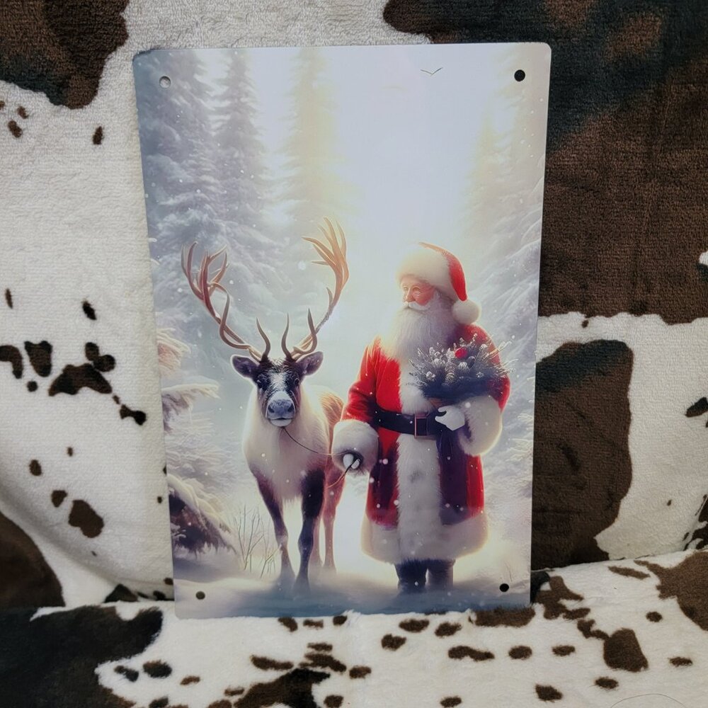 Christmas Santa With Reindeer Holiday Tin Sign Door Home Metal Wall Decor